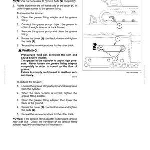 Puede incluir: P&aacute;gina de un manual de mantenimiento que detalla c&oacute;mo ajustar la tensi&oacute;n. El texto incluye instrucciones para ubicar piezas, usar una llave de vaso y girar cubiertas. Los diagramas muestran las piezas y sus posiciones.