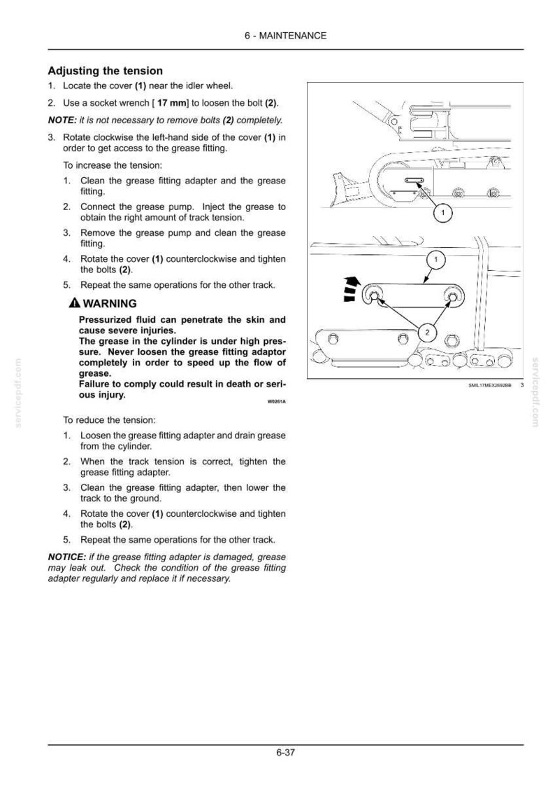 Puede incluir: P&aacute;gina de un manual de mantenimiento que detalla c&oacute;mo ajustar la tensi&oacute;n. El texto incluye instrucciones para ubicar piezas, usar una llave de vaso y girar cubiertas. Los diagramas muestran las piezas y sus posiciones.
