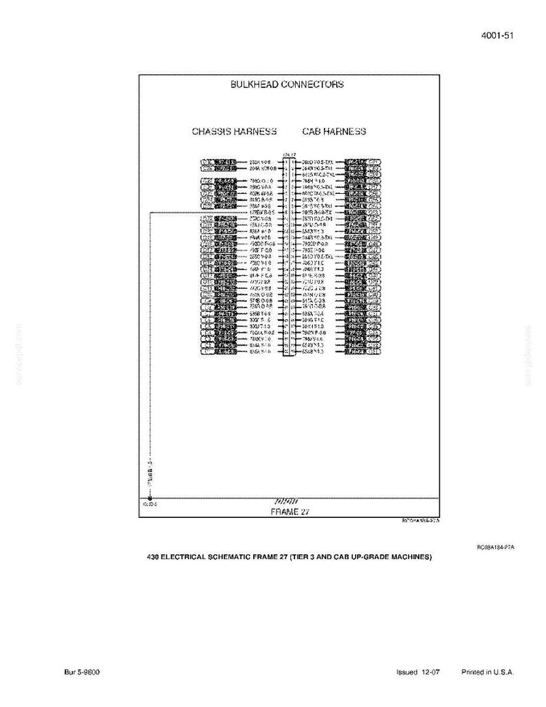 May include: A black and white schematic diagram of bulkhead connectors, labeled "Chassis Harness" and "Cab Harness." The diagram includes text and numerical designations. The text "FRAME 27" is also visible. The document is labeled "430 Electrical Schematic Frame 27."
