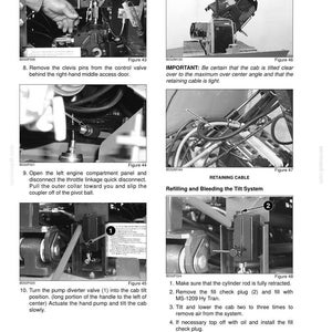 May include: A grayscale image from a manual, showing operating instructions for machinery. The image includes close-up shots of mechanical components, diagrams, and text instructions. Figures 43 through 48 are labeled, with steps for maintenance and repair.
