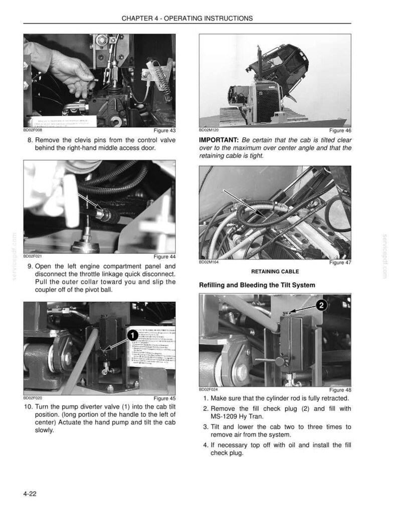 May include: A grayscale image from a manual, showing operating instructions for machinery. The image includes close-up shots of mechanical components, diagrams, and text instructions. Figures 43 through 48 are labeled, with steps for maintenance and repair.