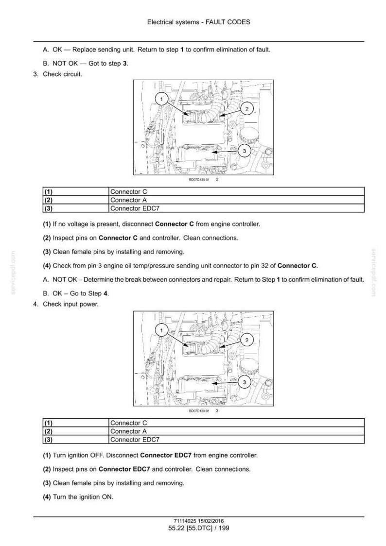 May include: Diagram showing engine components with numbered connectors and fault-finding instructions. Text includes "Electrical systems - FAULT CODES" and steps for circuit checks. Connectors C, A, and EDC7 are identified.