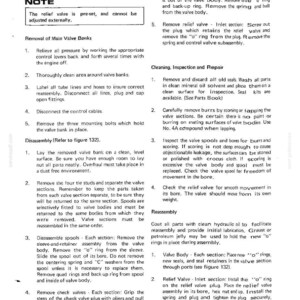 Pu&ograve; includere: Una pagina di manuale intitolata "HYDRAULICS" per una gru DROTT CARRYDECK. Il testo fornisce istruzioni per la rimozione, la pulizia, l'ispezione, la riparazione e il rimontaggio dei componenti della valvola idraulica. La pagina include diagrammi e passaggi dettagliati.