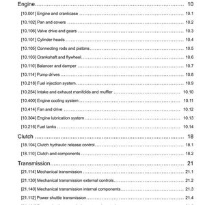 May include: A page from a manual titled "Contents" with a list of engine, clutch, transmission, and four-wheel drive system components. The text is black on a white background.