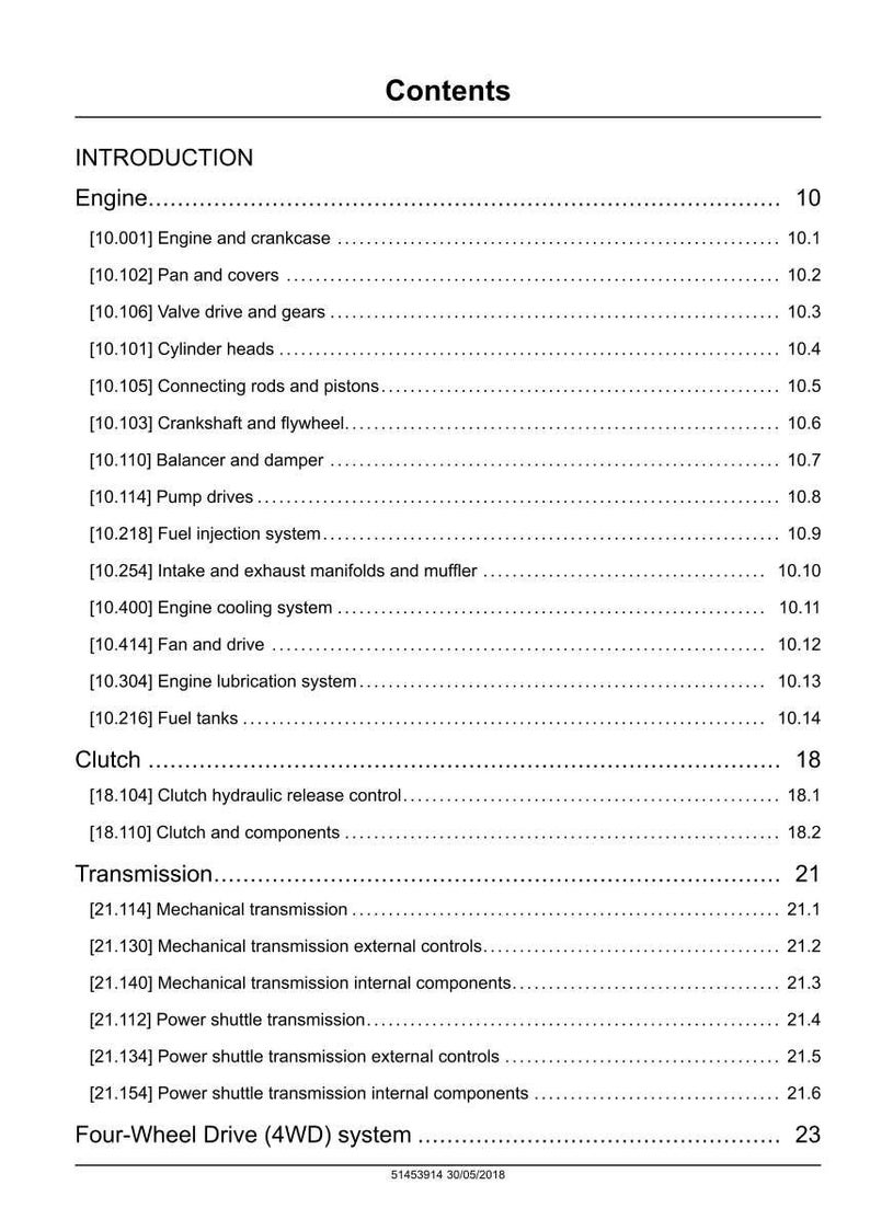 May include: A page from a manual titled "Contents" with a list of engine, clutch, transmission, and four-wheel drive system components. The text is black on a white background.