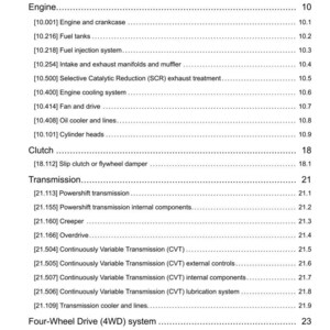 May include: A white page with the title "Contents" at the top. The page lists various engine, clutch, transmission, and four-wheel drive system components with corresponding page numbers. The document is dated 17/11/2015.