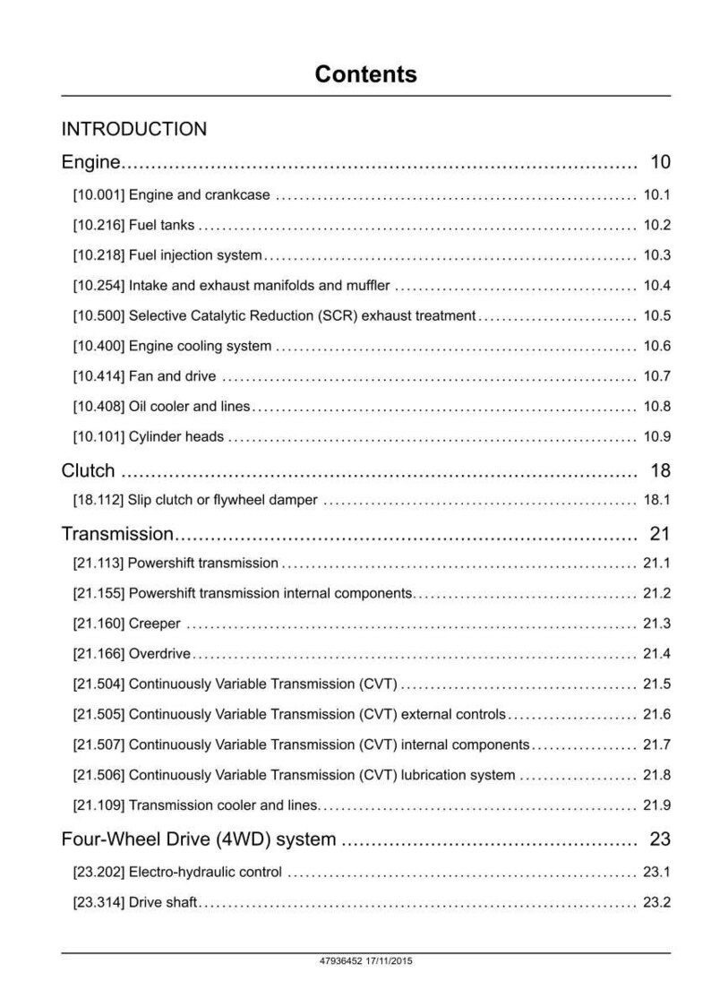 May include: A white page with the title "Contents" at the top. The page lists various engine, clutch, transmission, and four-wheel drive system components with corresponding page numbers. The document is dated 17/11/2015.