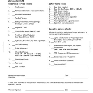 May include: A black and white document titled Delivery report - Dealer Copy for Workmaster 35/40 tractors. It lists inoperative service checks, safety items checks, and operative service checks with blank lines for signatures and dates.
