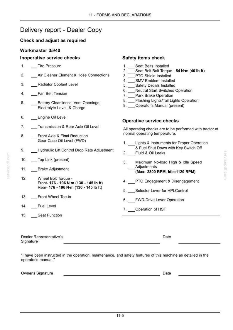 May include: A black and white document titled Delivery report - Dealer Copy for Workmaster 35/40 tractors. It lists inoperative service checks, safety items checks, and operative service checks with blank lines for signatures and dates.