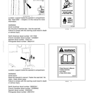 May include: A technical manual page titled 2-SAFETY INFORMATION featuring two diagrams of operator compartment decals. The first shows a machine tipping warning with seat belt instructions. The second shows a manual reading warning.
