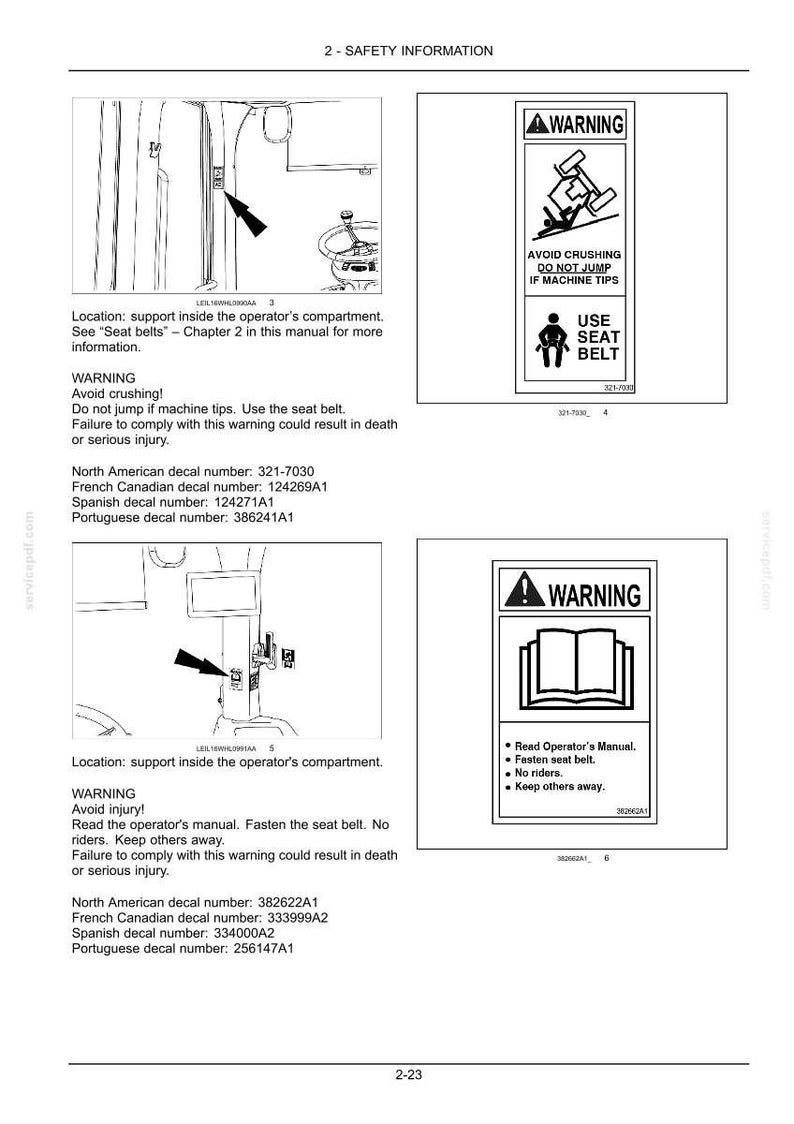 May include: A technical manual page titled 2-SAFETY INFORMATION featuring two diagrams of operator compartment decals. The first shows a machine tipping warning with seat belt instructions. The second shows a manual reading warning.