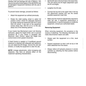K&ouml;nnte beinhalten: Eine technische Dokumentenseite mit dem Titel SECTION 3 - FIELD OPERATION, die Anweisungen zum Abstand zwischen Anbauger&auml;t und Kabine/Plattform sowie zum Entfernen von Ausr&uuml;stung enth&auml;lt. Sie umfasst Warnhinweise und spezifische Einstellschritte.