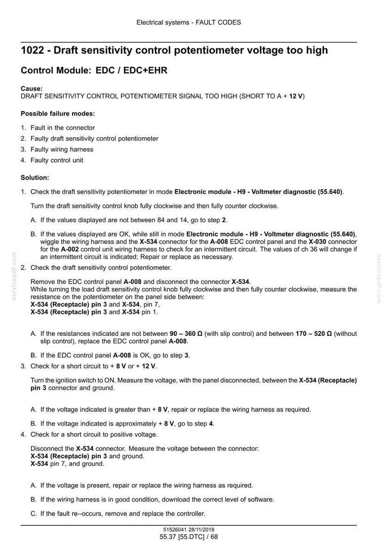 May include: A diagnostic document for electrical systems, displaying fault codes. The text details troubleshooting steps for a draft sensitivity control potentiometer with the code 1022. Includes instructions for checking voltage and resistance.