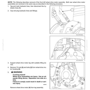 May include: Diagram of a powered front axle removal procedure for an MS11 hydraulic motor. The image includes detailed illustrations with numbered components, such as hydraulic lines, nuts, and bolts, along with a warning about crushing hazards. The text provides step-by-step instructions.