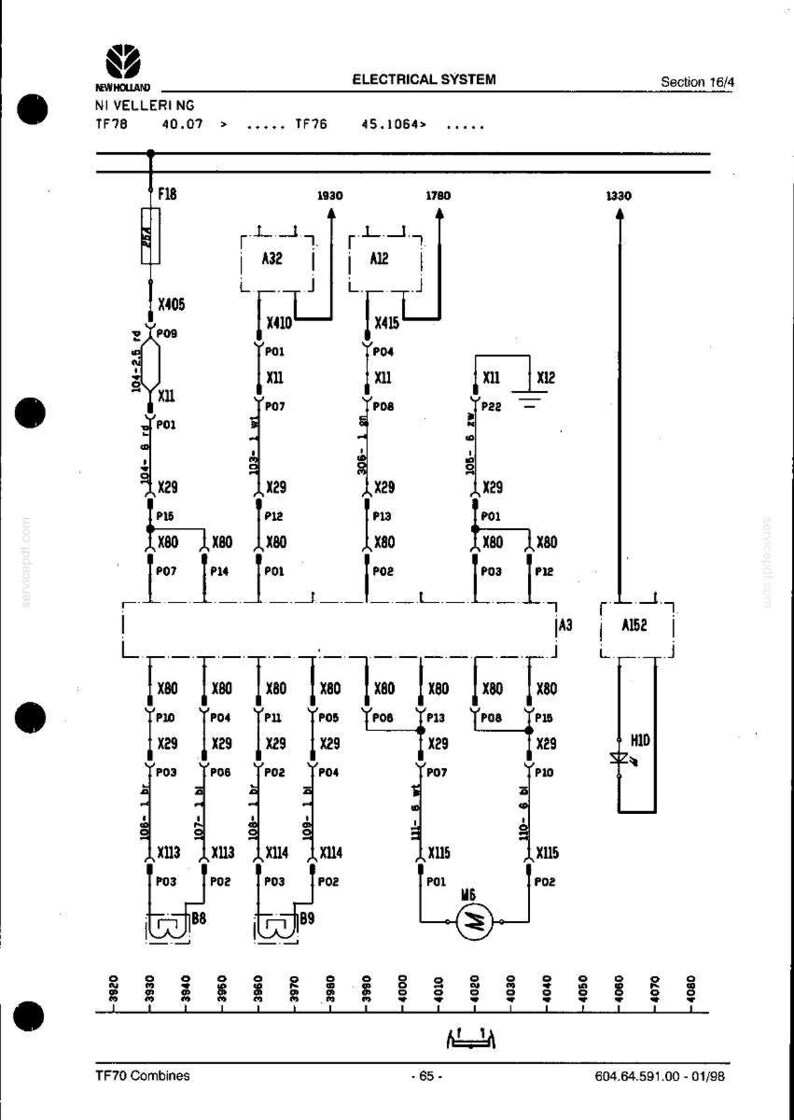 May include: Electrical system diagram for a New Holland TF78 combine harvester. The schematic includes various components, wiring, and connection points, with labels and reference numbers for each part.