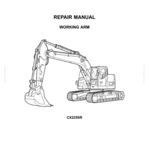 May include: A repair manual for a CASE CX225SR excavator working arm. The cover features the CASE logo and the text "REPAIR MANUAL WORKING ARM". The illustration shows the excavator's arm and bucket in detail.