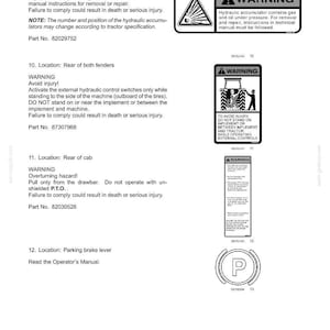 Pode incluir: Uma p&aacute;gina de documento t&eacute;cnico intitulada 2-SAFETY INFORMATION contendo avisos de seguran&ccedil;a para acumuladores hidr&aacute;ulicos, controles de para-lamas de trator e alavancas de freio de estacionamento, com &iacute;cones de aviso em preto e branco.