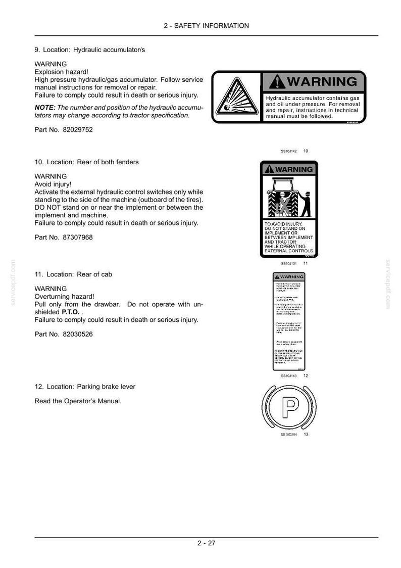 Pode incluir: Uma p&aacute;gina de documento t&eacute;cnico intitulada 2-SAFETY INFORMATION contendo avisos de seguran&ccedil;a para acumuladores hidr&aacute;ulicos, controles de para-lamas de trator e alavancas de freio de estacionamento, com &iacute;cones de aviso em preto e branco.