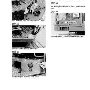 Pode incluir: Uma p&aacute;gina de manual t&eacute;cnico com v&aacute;rias imagens ilustrando etapas mec&acirc;nicas. As imagens mostram m&atilde;os trabalhando em m&aacute;quinas, com instru&ccedil;&otilde;es de texto e etiquetas como "Instale o painel do aquecedor" e "ACCESS COVER". Impresso na Inglaterra.
