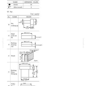 May include: A technical document page titled 5.3.4 TOOLS AND JIGS, featuring a table with tightening tools and various jigs labeled R through W. It includes diagrams with dimensions in both millimeters and inches for components like pins, shafts, and bushings.