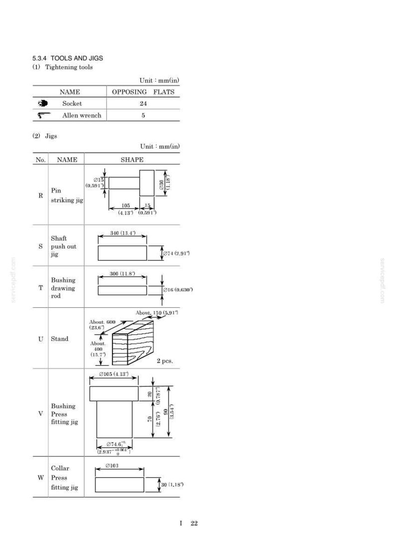 May include: A technical document page titled 5.3.4 TOOLS AND JIGS, featuring a table with tightening tools and various jigs labeled R through W. It includes diagrams with dimensions in both millimeters and inches for components like pins, shafts, and bushings.
