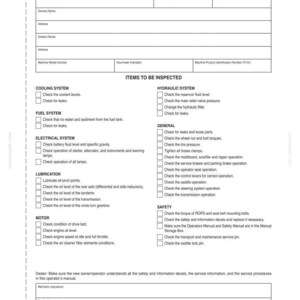 May include: A black and white document titled "AFTER DELIVERY CHECK Owner Copy" with checklists for various systems like cooling, fuel, and electrical. Includes fields for owner and dealer information, and a section for mechanic and owner signatures.