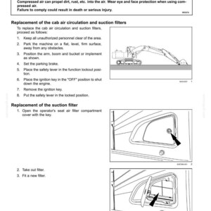 May include: Diagram of cab air filter replacement instructions. Includes a warning about flying debris and safety precautions. Step-by-step guide with illustrations for replacing the cab air circulation and suction filters, and the suction filter.