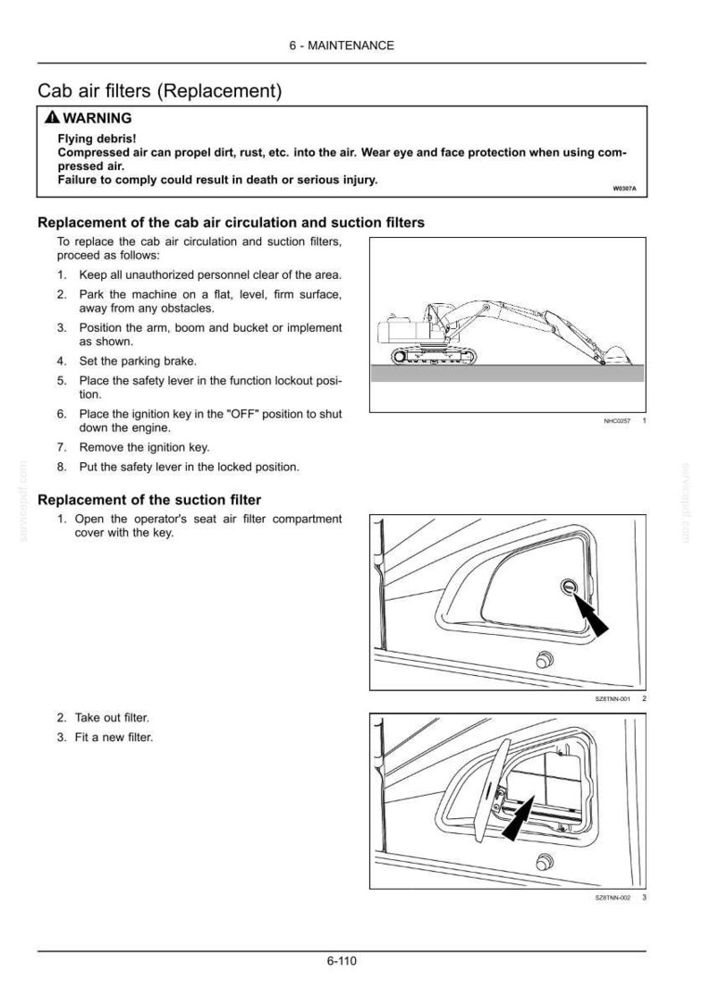 May include: Diagram of cab air filter replacement instructions. Includes a warning about flying debris and safety precautions. Step-by-step guide with illustrations for replacing the cab air circulation and suction filters, and the suction filter.