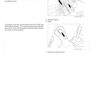 May include: Diagram illustrating operating instructions for a machine. The image shows close-ups of control levers with labels for "Rollback detent" and "Float." Text explains the return-to-travel function and how to use the controls.