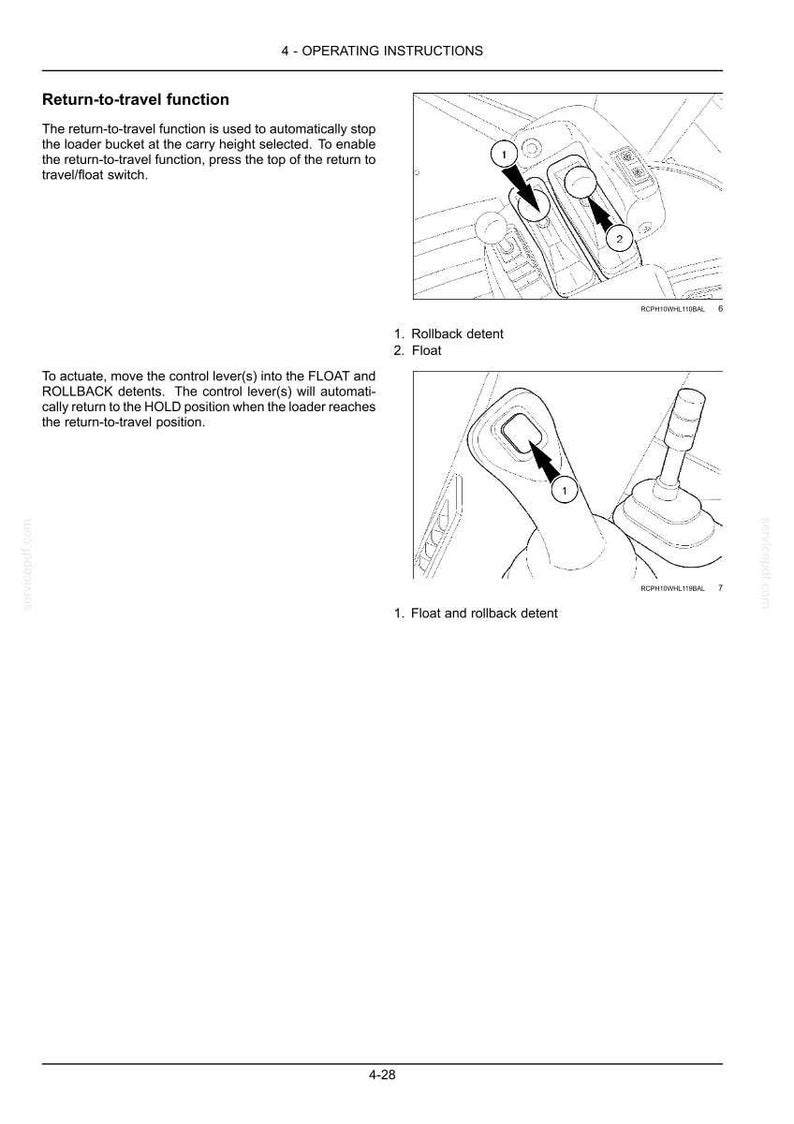 May include: Diagram illustrating operating instructions for a machine. The image shows close-ups of control levers with labels for "Rollback detent" and "Float." Text explains the return-to-travel function and how to use the controls.