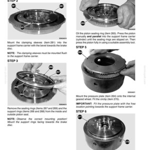 May include: Assembly instructions with diagrams for a mechanical component. The steps include mounting sleeves, sealing rings, and pressure plates. The image shows various parts with labels and arrows, guiding the assembly process.