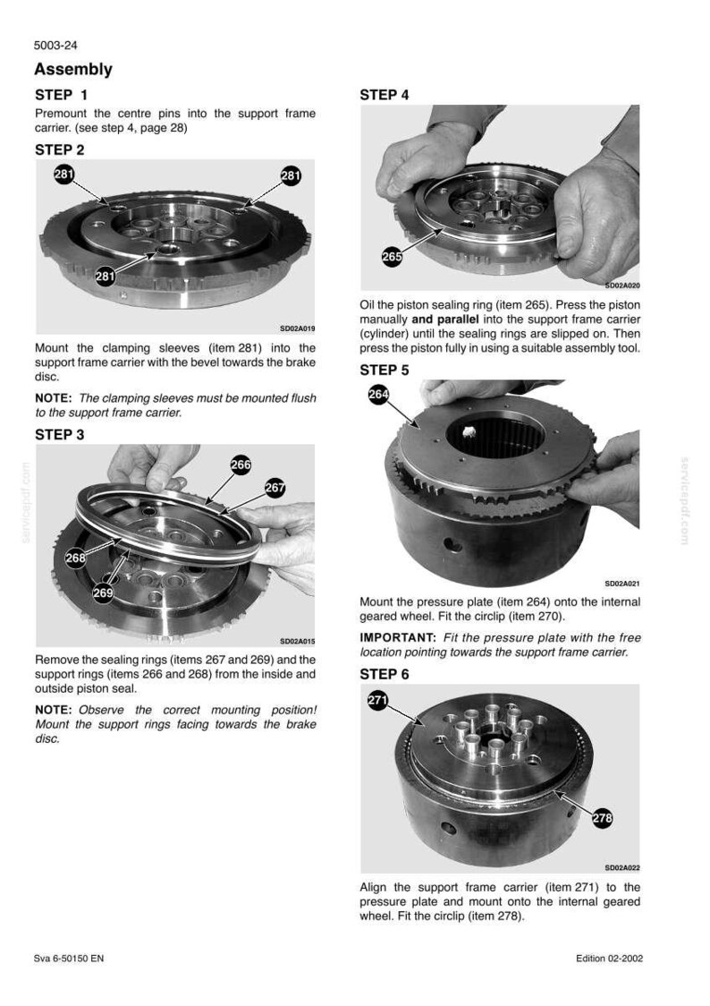 May include: Assembly instructions with diagrams for a mechanical component. The steps include mounting sleeves, sealing rings, and pressure plates. The image shows various parts with labels and arrows, guiding the assembly process.