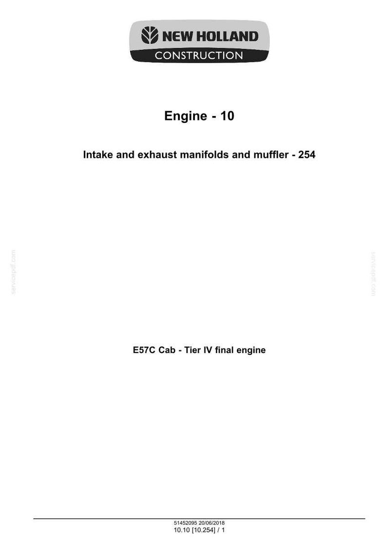 May include: White document with the "NEW HOLLAND CONSTRUCTION" logo at the top. Text includes "Engine - 10", "Intake and exhaust manifolds and muffler - 254", and "E57C Cab - Tier IV final engine".