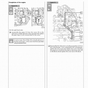 May include: Diagram of an engine assembly with labeled components, including pipes, unions, and an oil filter. Text instructions detail reassembly steps for the lubrication system. The document is dated February 2003.
