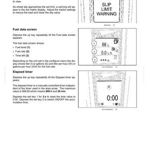 May include: A technical manual page titled 3-CONTROLS AND INSTRUMENTS featuring three black and white diagrams of a tractor display screen. The images show a SLIP LIMIT WARNING icon, a fuel data screen with 68 L and 0.0 L/h, and an elapsed timer at 0:00.
