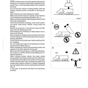 Pu&ograve; includere: Documento di istruzioni di sicurezza con diagrammi. Il testo e le illustrazioni riguardano il funzionamento del veicolo, comprese le procedure di carico, scarico e retromarcia. I diagrammi mostrano un camion con carico, un segnale di stop e una persona che segnala.