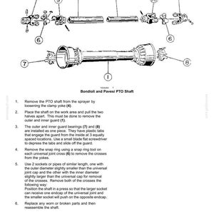 May include: A technical diagram of a Bondiol and Pavesi PTO shaft overhaul, showing numbered components including yokes, universal joints, and guards. The document includes instructions for removing the shaft, separating the halves, and replacing parts.