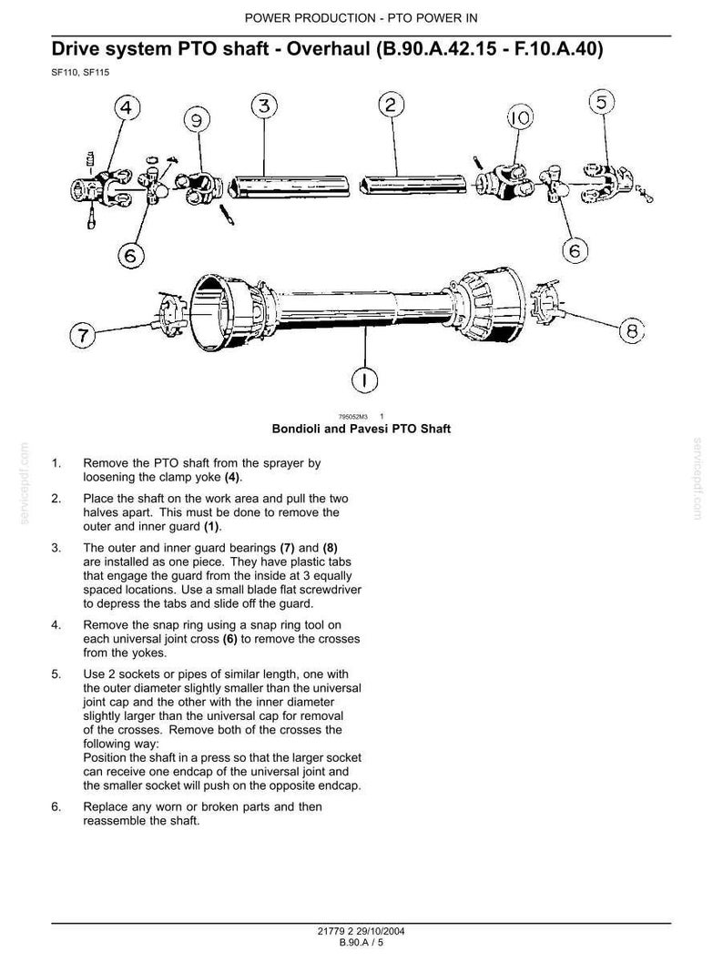 May include: A technical diagram of a Bondiol and Pavesi PTO shaft overhaul, showing numbered components including yokes, universal joints, and guards. The document includes instructions for removing the shaft, separating the halves, and replacing parts.