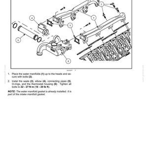 May include: Diagram of an engine cooling system installation. The image shows the water pump, water manifold, seals, elbow, connecting pipes, and thermostat housing. Instructions are provided for assembly, including bolt tightening to 16-20 lb ft.