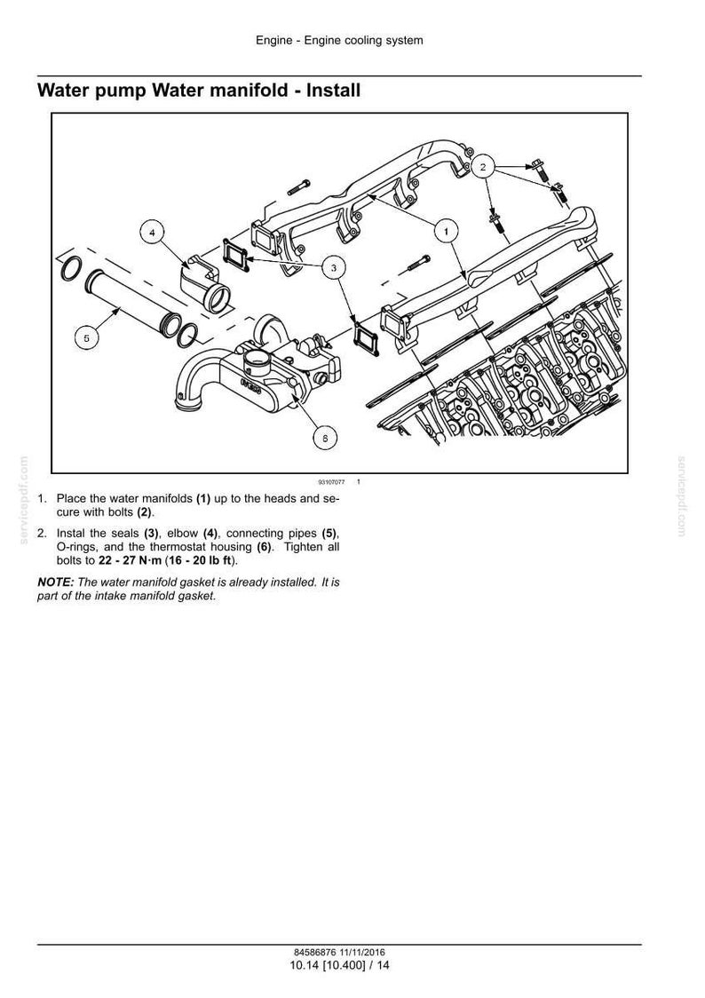 May include: Diagram of an engine cooling system installation. The image shows the water pump, water manifold, seals, elbow, connecting pipes, and thermostat housing. Instructions are provided for assembly, including bolt tightening to 16-20 lb ft.