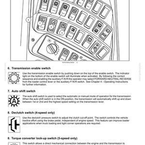 May include: Diagram of a control panel with multiple switches and buttons. The panel includes labels for the transmission enable switch, auto shift switch, declutch switch, and torque converter lock-up switch. The image is a technical illustration.