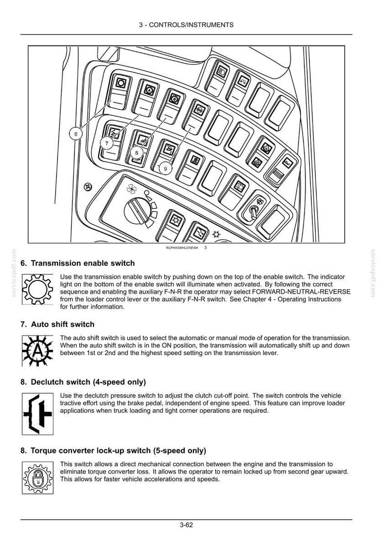 May include: Diagram of a control panel with multiple switches and buttons. The panel includes labels for the transmission enable switch, auto shift switch, declutch switch, and torque converter lock-up switch. The image is a technical illustration.