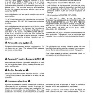 May include: A page from a safety manual with headings like "Operator protective structure" and "Air-conditioning system." The text warns about potential hazards and safety measures, including the use of PPE.