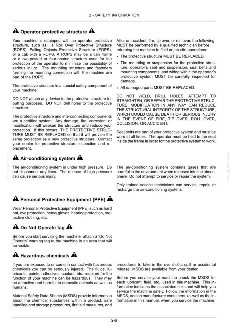 May include: A page from a safety manual with headings like "Operator protective structure" and "Air-conditioning system." The text warns about potential hazards and safety measures, including the use of PPE.