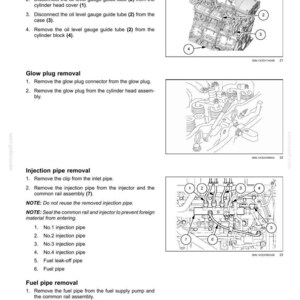 May include: Technical diagram illustrating engine components, including oil level gauge tube, glow plugs, and injection pipes. Instructions detail removal procedures with numbered references to engine parts.