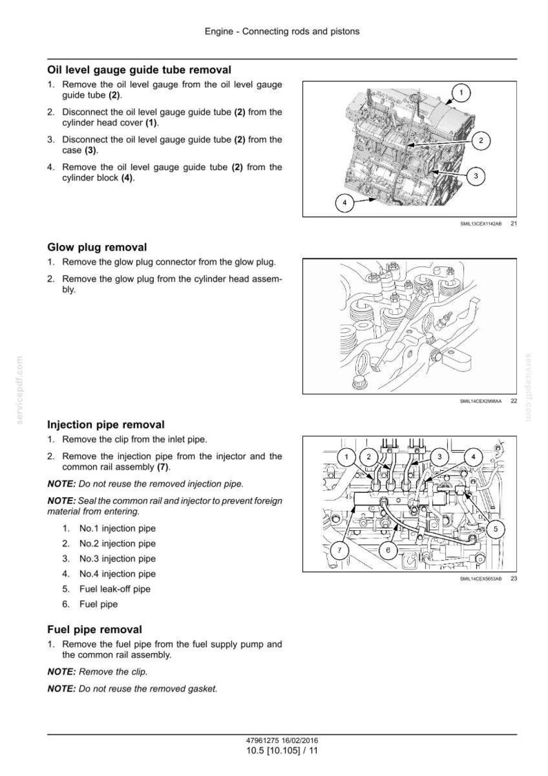 May include: Technical diagram illustrating engine components, including oil level gauge tube, glow plugs, and injection pipes. Instructions detail removal procedures with numbered references to engine parts.