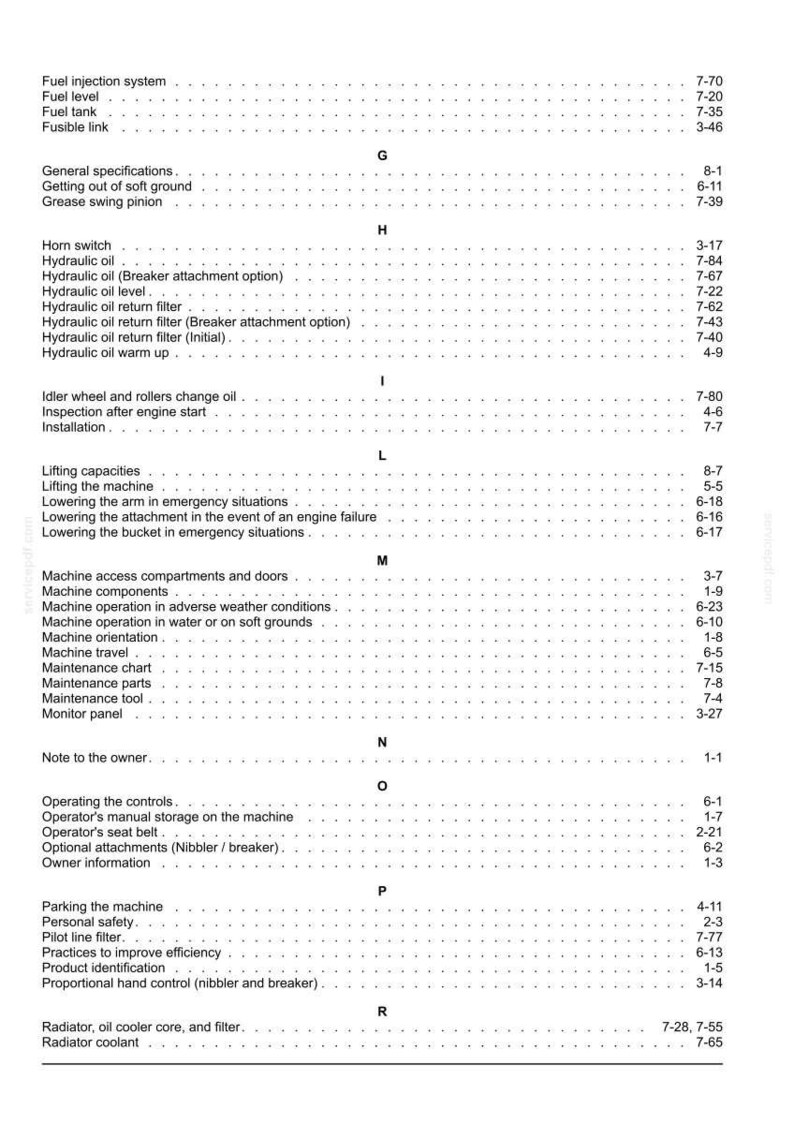 Op de afbeelding: Een gedetailleerde pagina uit een handleiding, met een inhoudsopgave met verschillende onderwerpen over machinebediening en -onderhoud. De tekst is zwart op een witte achtergrond, met sectiekoppen en paginanummers.