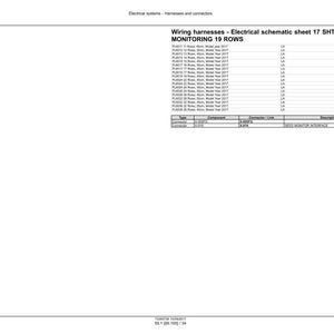 May include: A technical diagram titled "Wiring harnesses - Electrical schematic sheet 17 SHT17 - SEED MONITORING 19 ROWS." The document includes a table with rows and columns, and text such as "Connector / Link" and "Description."