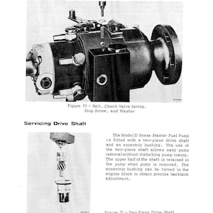 K&ouml;nnte beinhalten: Technische Illustration aus einem Handbuch, die eine Kraftstoffpumpenbaugruppe zeigt, einschlie&szlig;lich einer Kugelr&uuml;ckschlagfeder, einer Stoppschraube und einer Unterlegscheibe. Das Bild zeigt auch ein Diagramm einer zweiteiligen Antriebswelle.