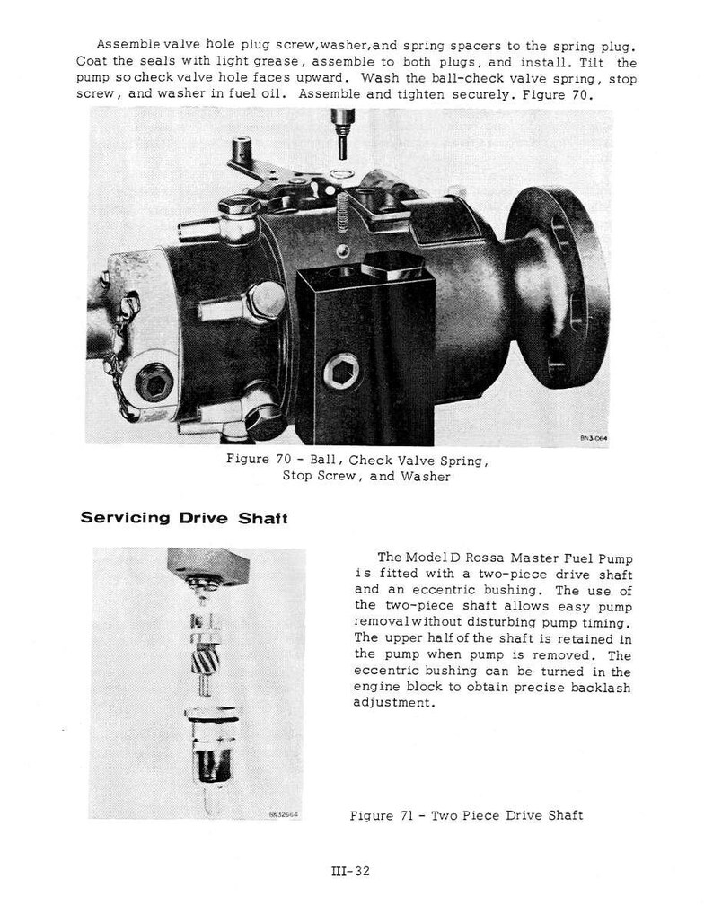 K&ouml;nnte beinhalten: Technische Illustration aus einem Handbuch, die eine Kraftstoffpumpenbaugruppe zeigt, einschlie&szlig;lich einer Kugelr&uuml;ckschlagfeder, einer Stoppschraube und einer Unterlegscheibe. Das Bild zeigt auch ein Diagramm einer zweiteiligen Antriebswelle.